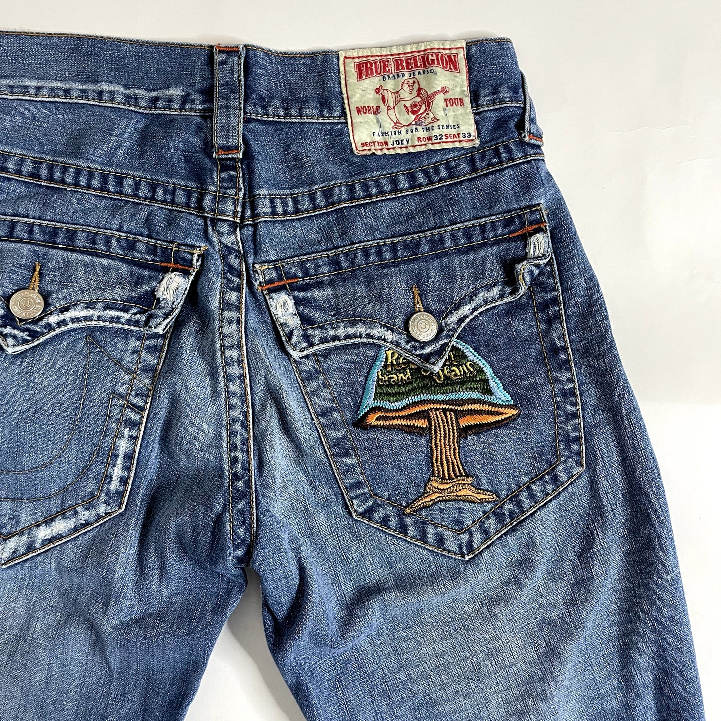 Vintage True Religion Denim Embroidered Mushroom Patch Low Rise Jeans
