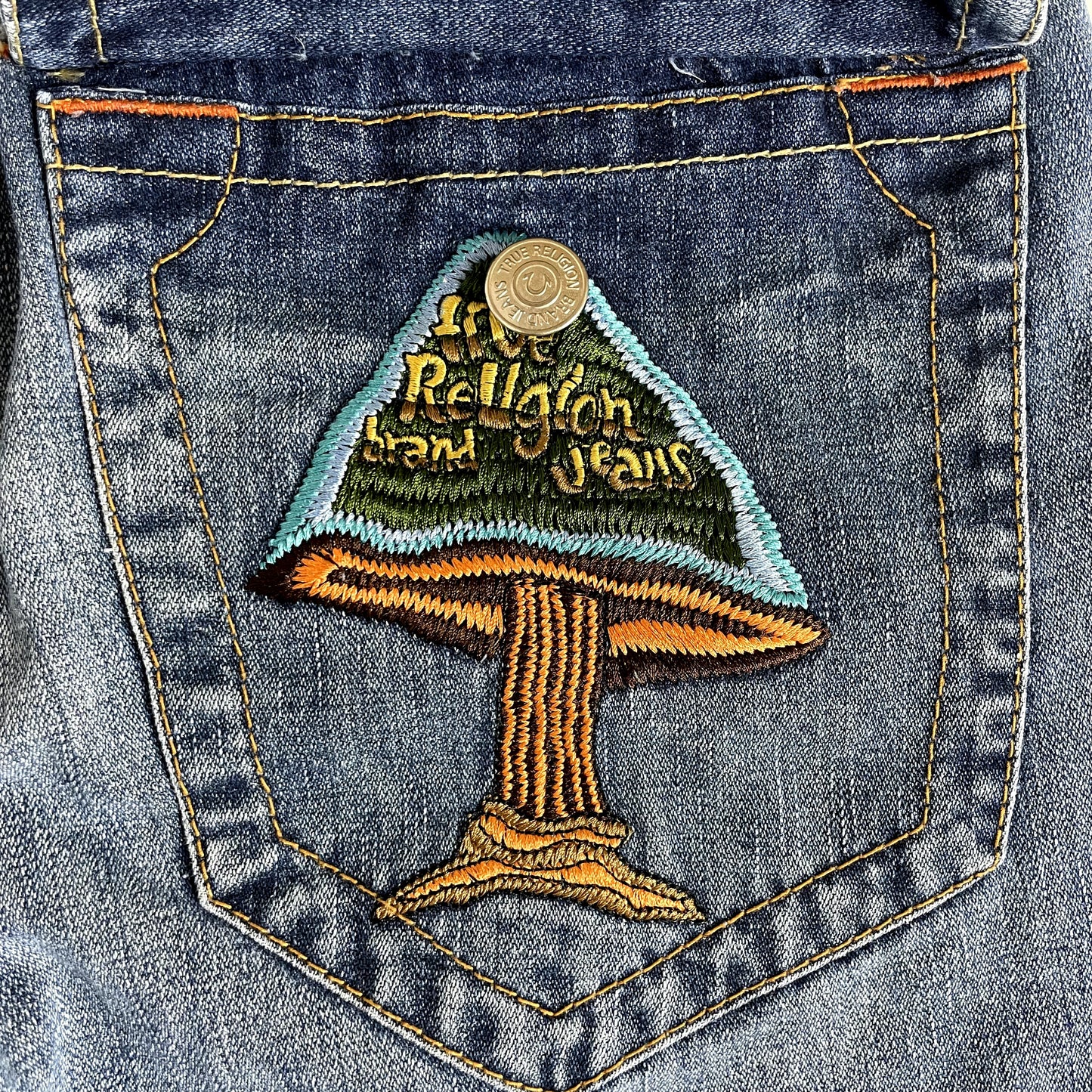 Vintage True Religion Denim Embroidered Mushroom Patch Low Rise Jeans