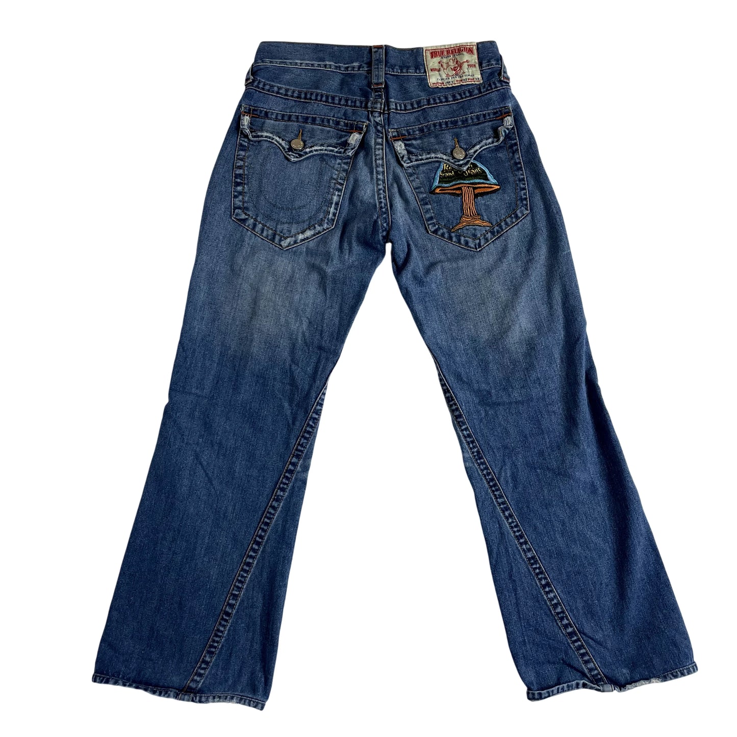 Vintage True Religion Denim Embroidered Mushroom Patch Low Rise Jeans