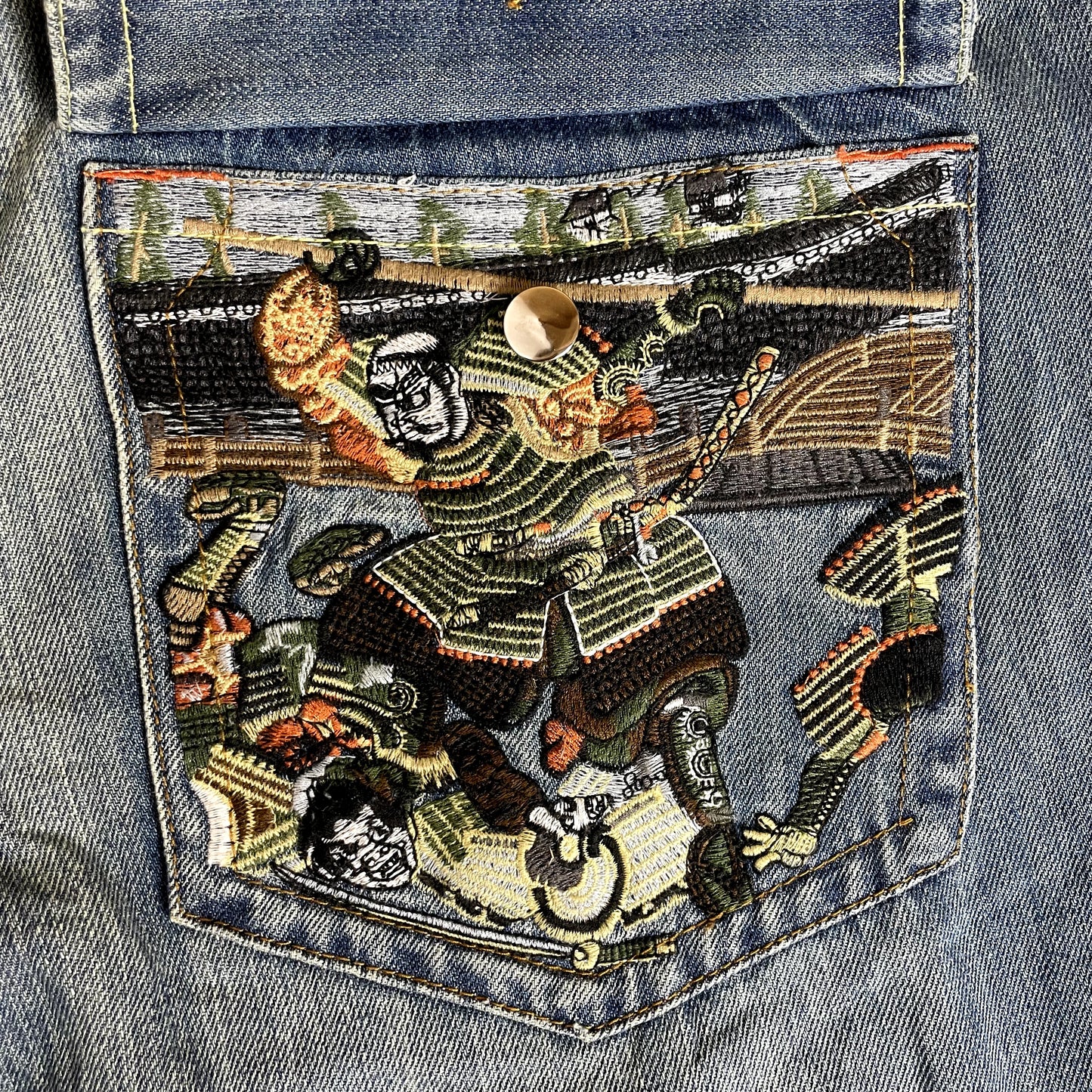Vintage True Religion Denim Embroidered Samurai Warrior Low Rise