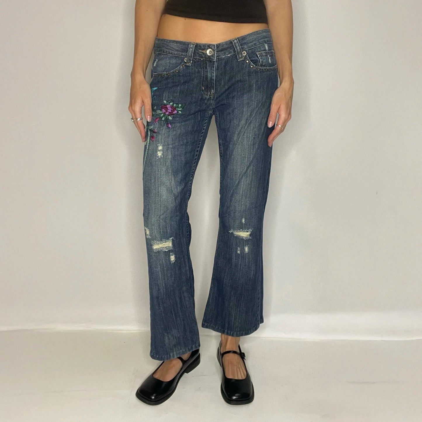 Vintage Floral Embroidered Denim Low Rise Jeans