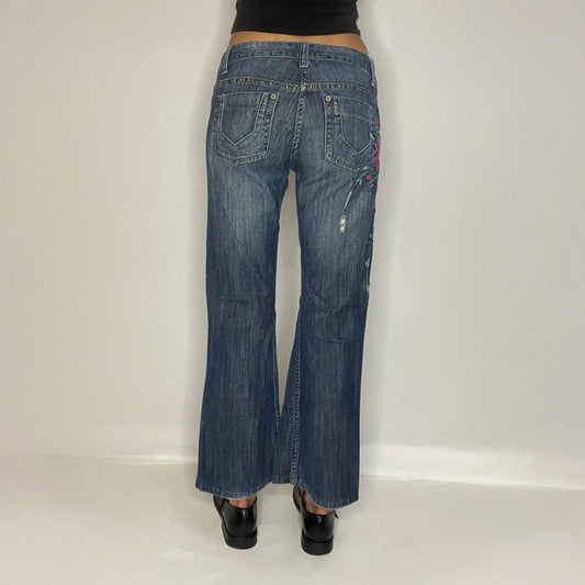 Vintage Floral Embroidered Denim Low Rise Jeans