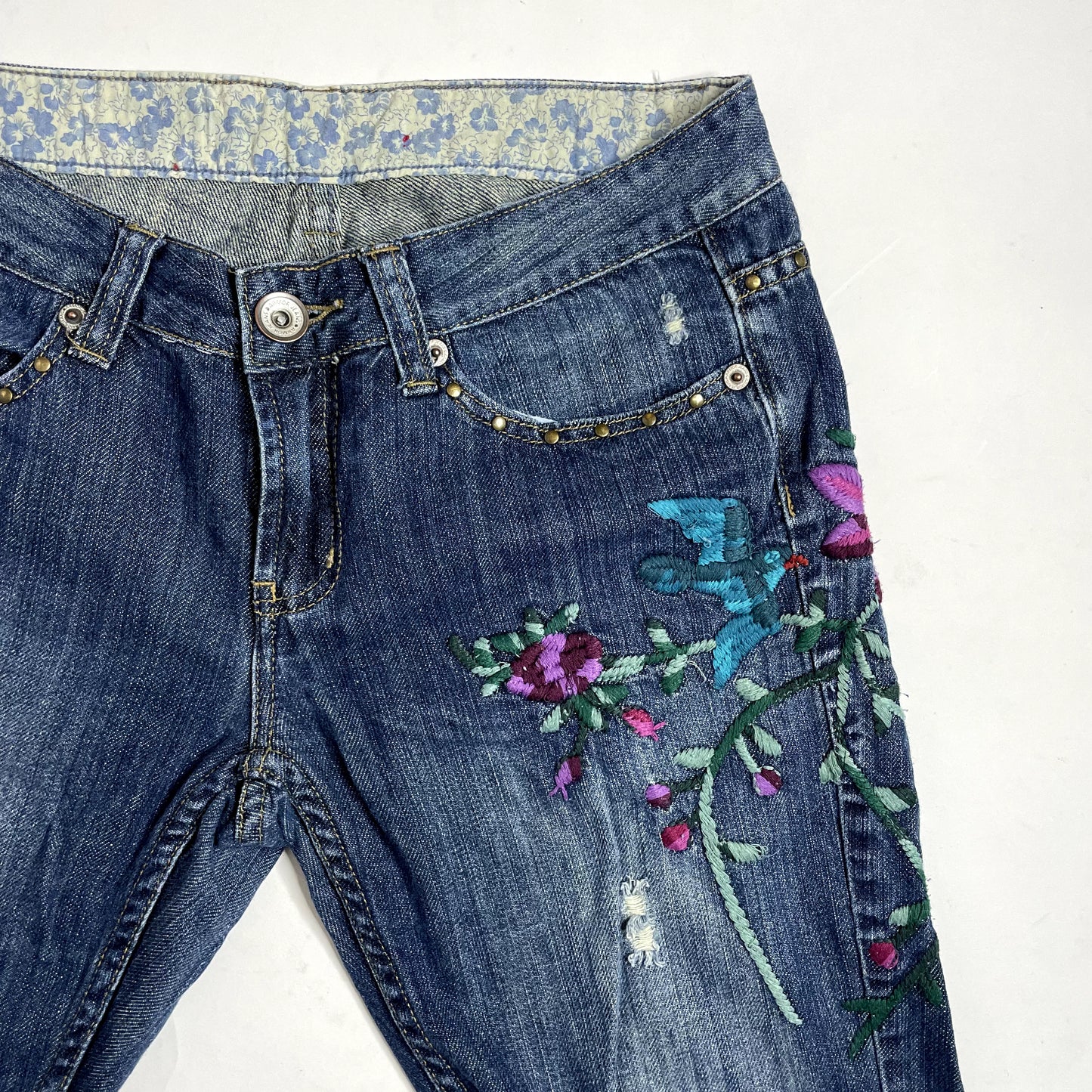 Vintage Floral Embroidered Denim Low Rise Jeans