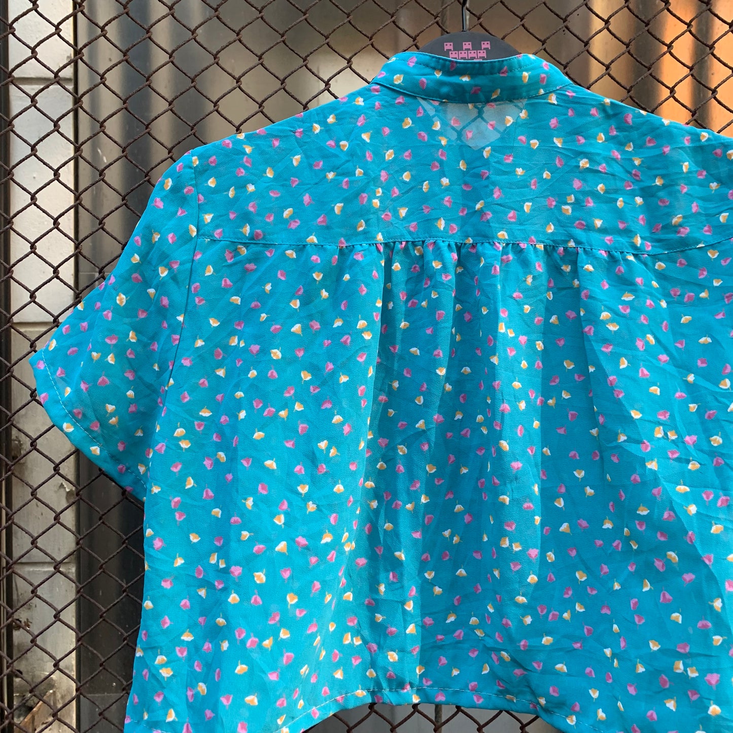 Upcycled Blue Cropped Blouse with Flowers