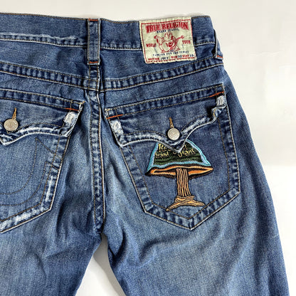 Vintage True Religion Denim Embroidered Mushroom Patch Low Rise Jeans