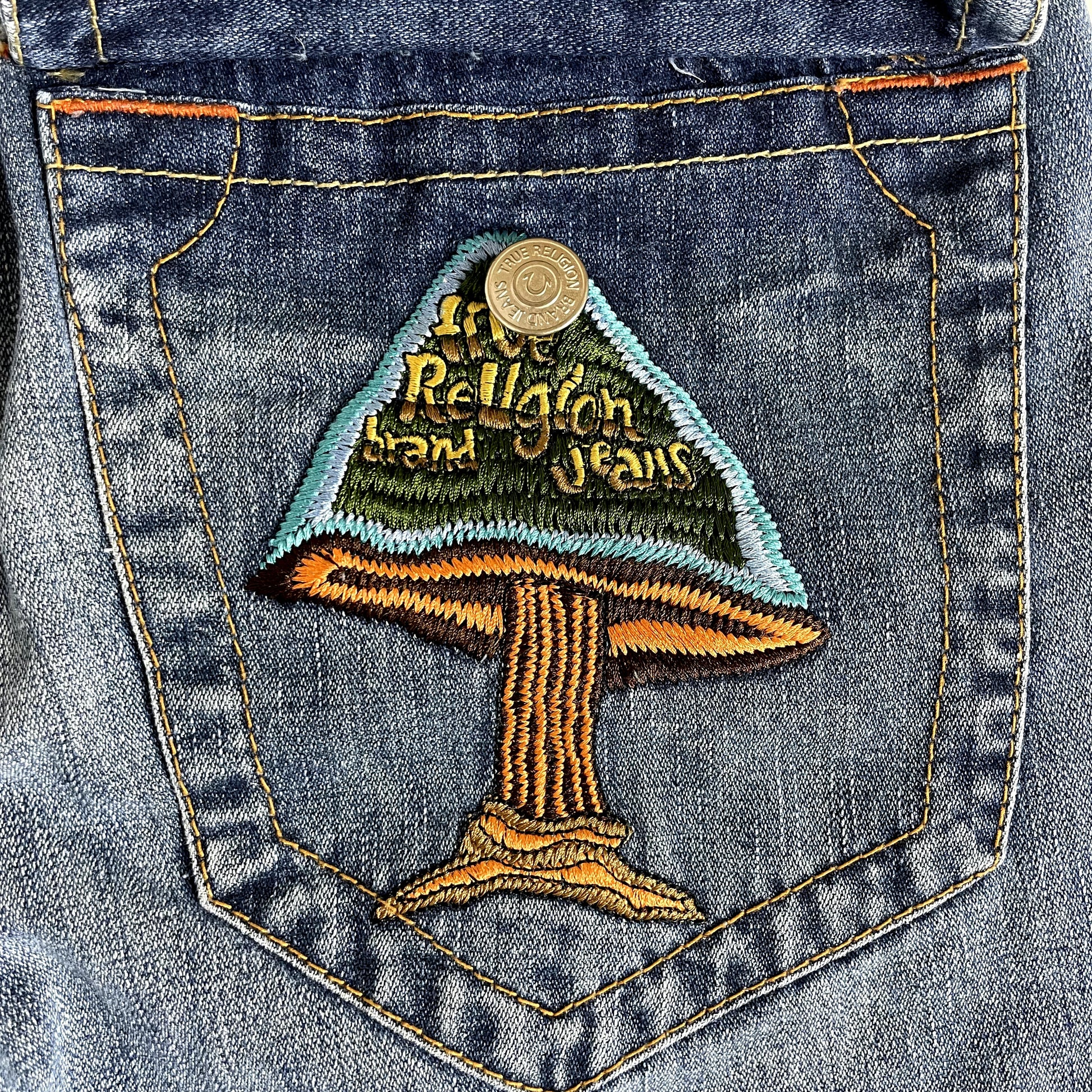 Vintage True Religion Denim Embroidered Mushroom Patch Low Rise Jeans