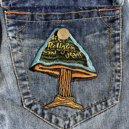 Vintage True Religion Denim Embroidered Mushroom Patch Low Rise Jeans