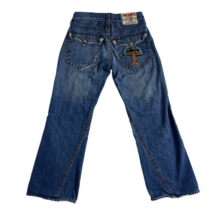 Vintage True Religion Denim Embroidered Mushroom Patch Low Rise Jeans