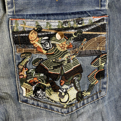 Vintage True Religion Denim Embroidered Samurai Warrior Low Rise