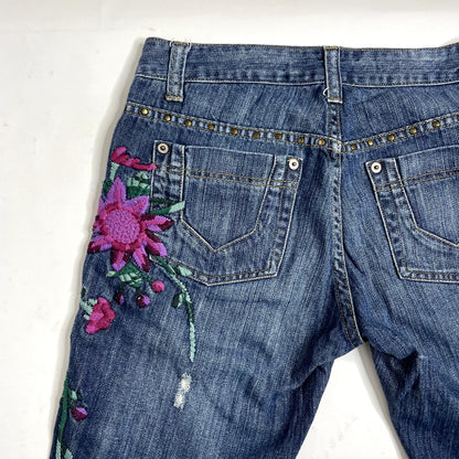 Vintage Floral Embroidered Denim Low Rise Jeans