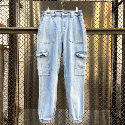 Denim Cargo Pants With Elastic