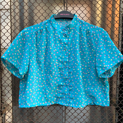 Upcycled Blue Cropped Blouse with Flowers