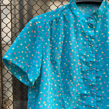 Upcycled Blue Cropped Blouse with Flowers