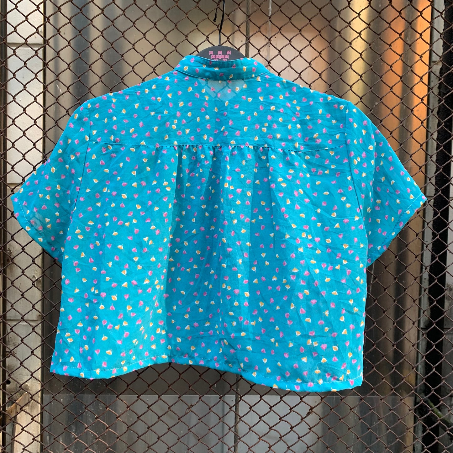 Upcycled Blue Cropped Blouse with Flowers