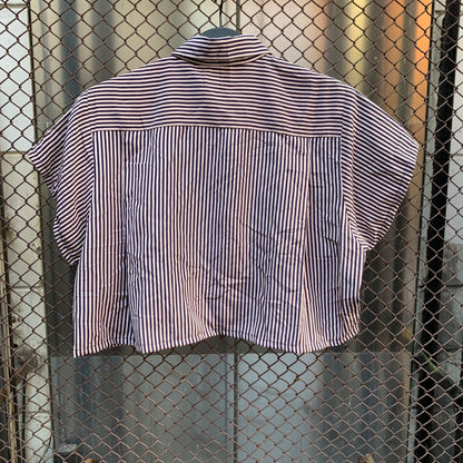 Upcycled Black Cropped Blouse with Stripes